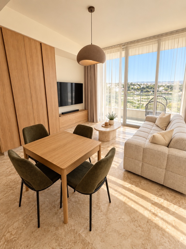 Avalon Gardens B102 living and dining area with TV wall, sofa and glazed balcony doors