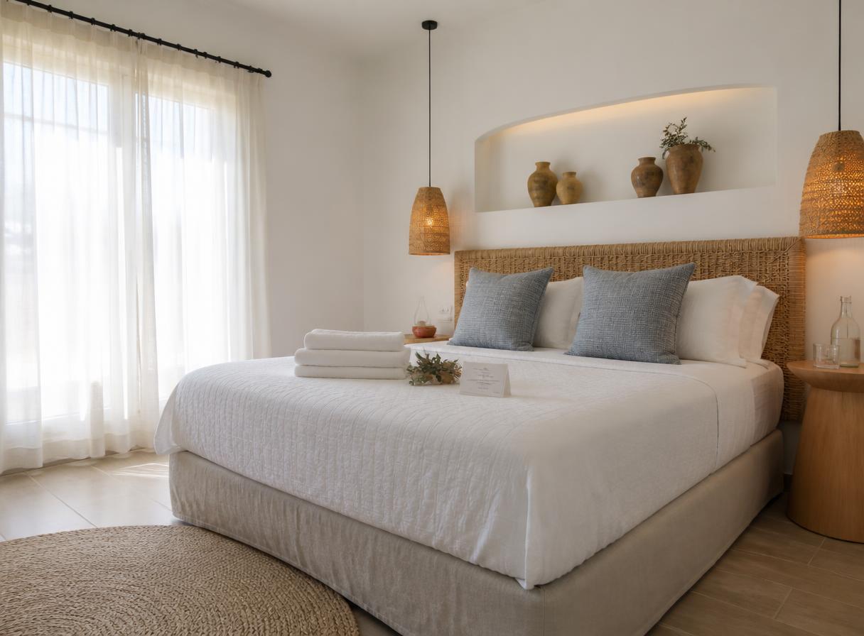 Bright holiday bedroom at a Liveo Homes apartment in Paphos